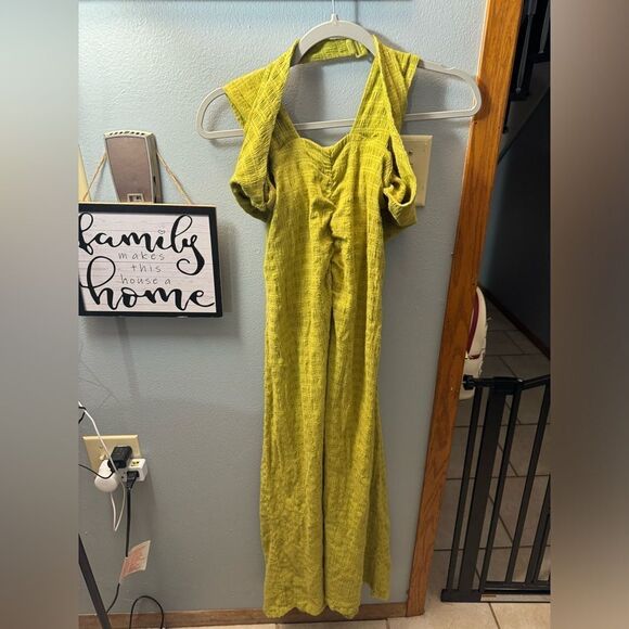 Free People Lime Green Sleeveless Jumpsuit NEW Size Large Linen Cotton - Picture 1 of 12